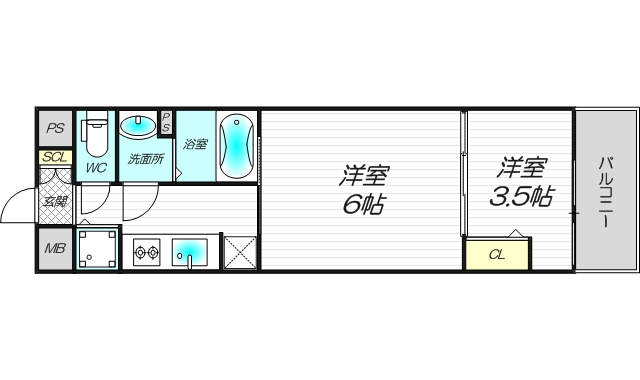 LUORE+新大阪SOUTHの202号室２K間取り図